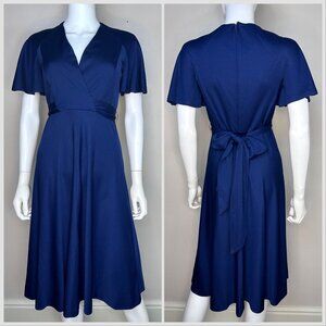 Vintage 1970s Navy Blue Wrap Dress Flutter Sleeves Eleanor Brenner Couture Small
